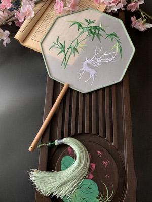 Chinese Traditional Art Embroidery Wooden Hand Fan, Classical, Ancient Dance Costume, Han Fu Cheongsam with Long Handle, Tasse