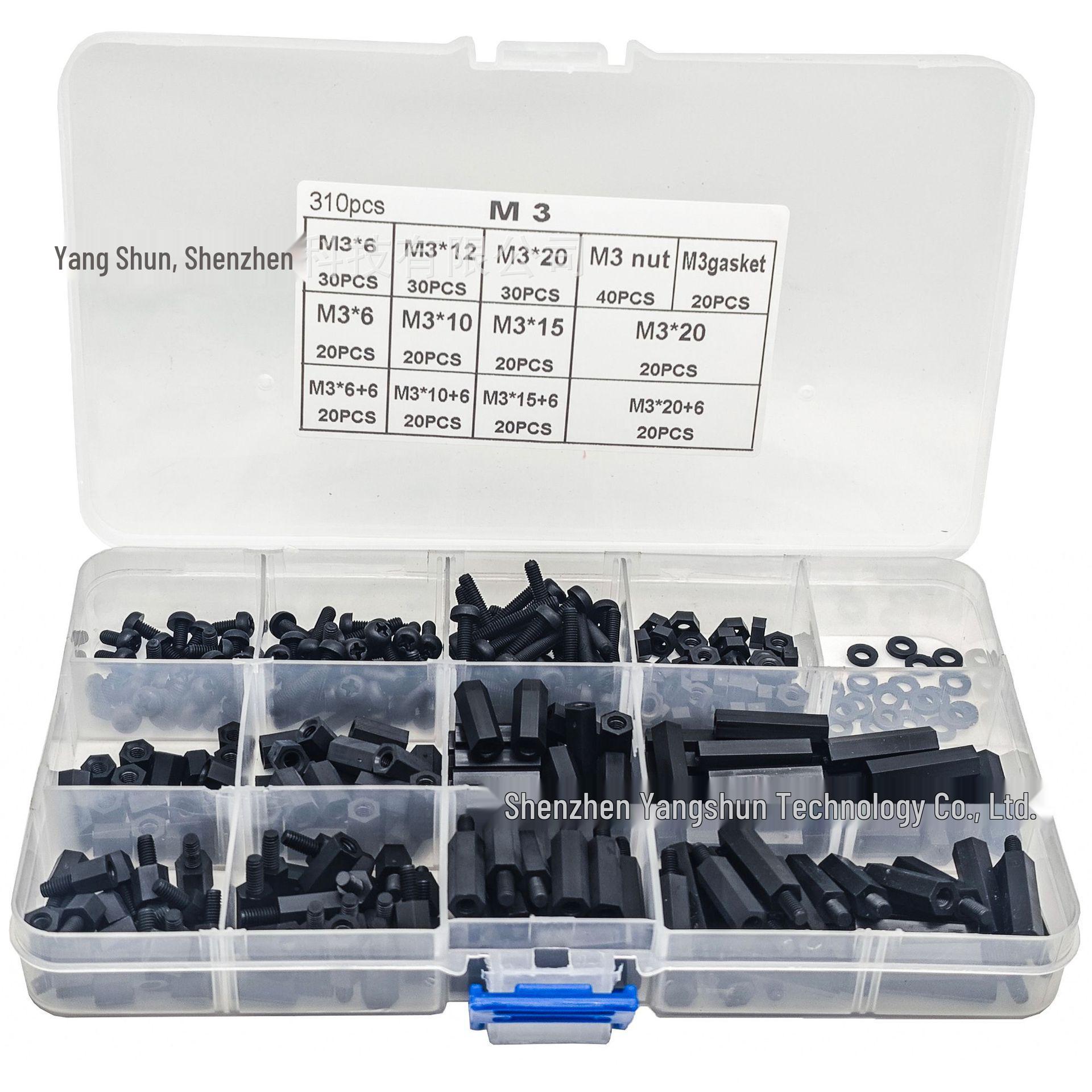 310-Piece Black Nylon Hex Standoff Kit with Flat Washers, Screws, and M3 Nuts