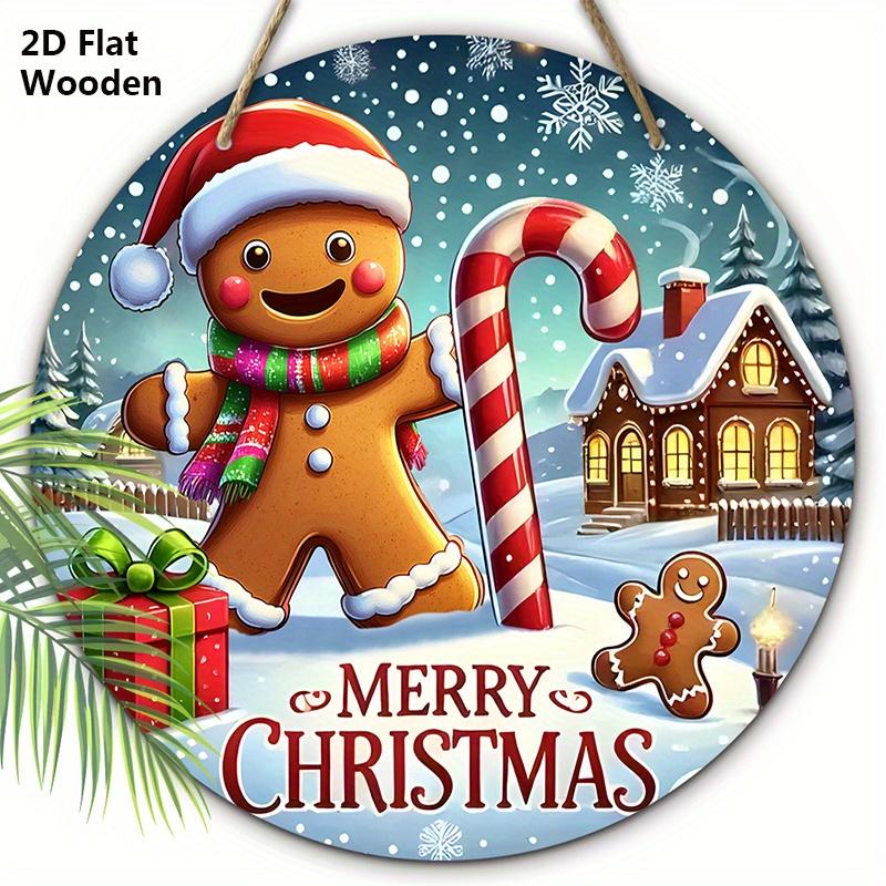 

Деревянная табличка в деревенском стиле на Рождество с узором пряничного человечка - Круглая табличка Счастливого Рождества для входной двери, настенный декор - Идеальное рождественское украшение 20cm/7.87in