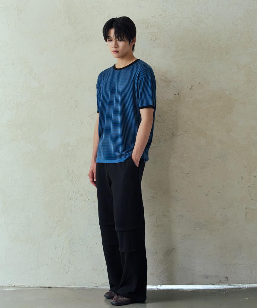 NODU Striped Ringer Short Sleeve Knit [Blue]