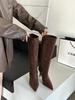 Pointed Toe Slim Fit Long Booties Women's Autumn Winter High Heel Suede Straight Leg Boot over Knee Boots Rubber Sole