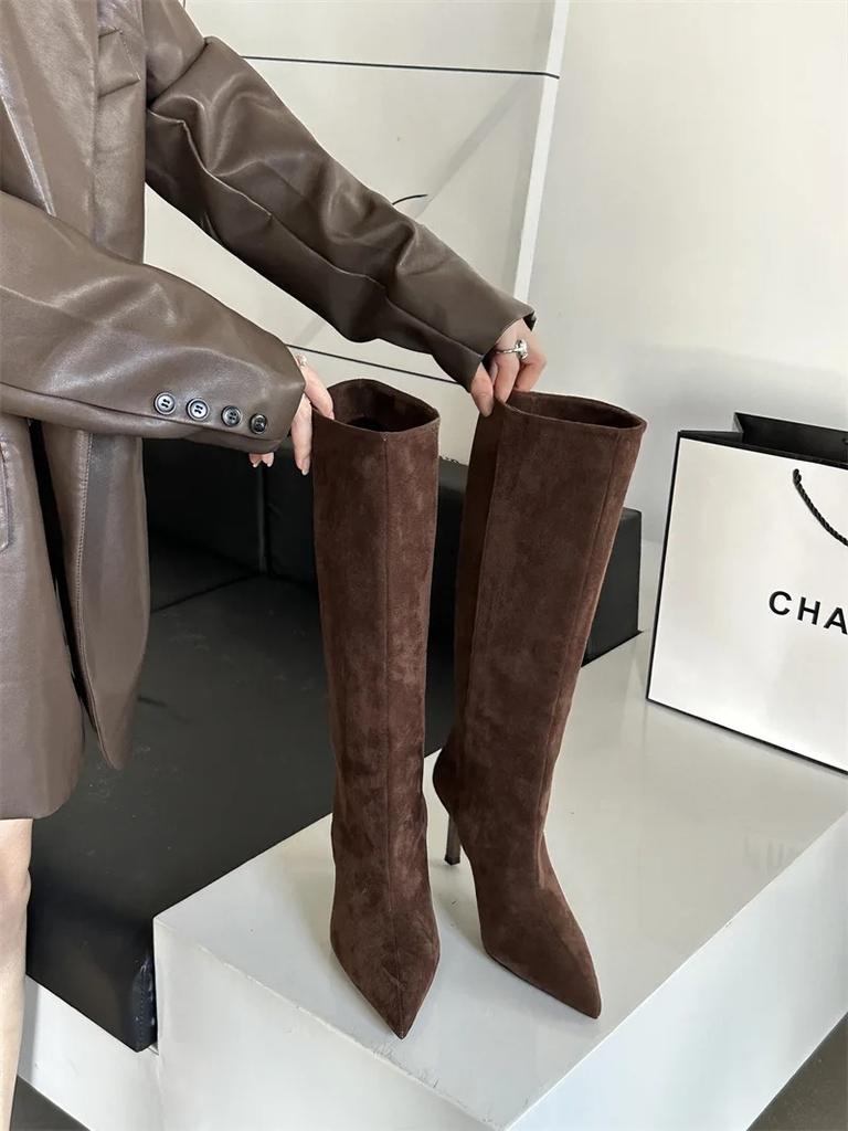Pointed Toe Slim Fit Long Booties Women's Autumn Winter High Heel Suede Straight Leg Boot over Knee Boots Rubber Sole