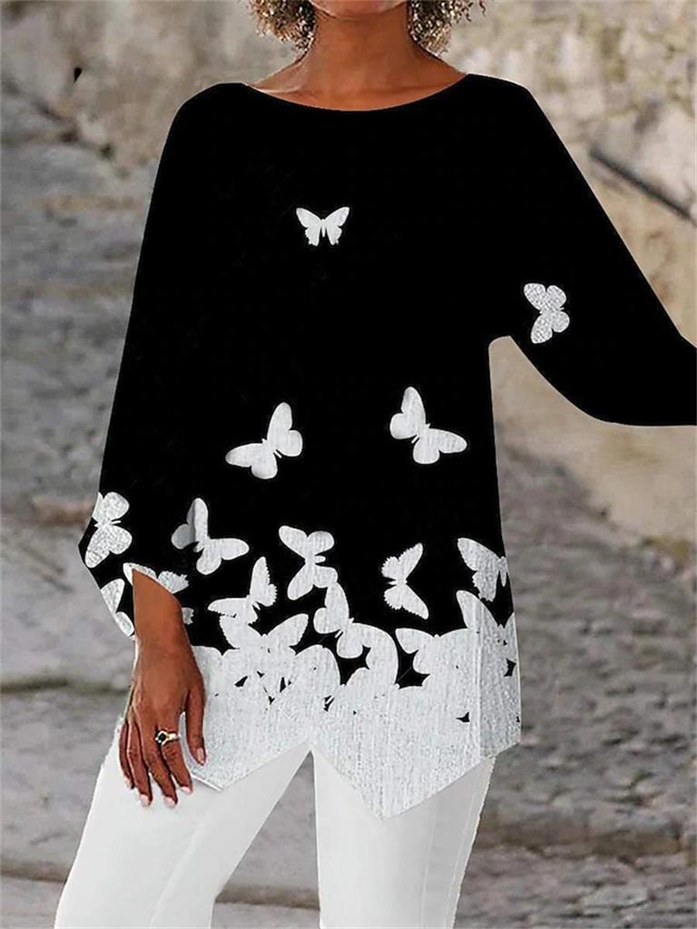 Fashion Geometric Printing Crew Neck Women Shirt Spring Summer Loose Plus Size Office Long Blouse Streetwear Casual Irregular Tops Elegant Clothing