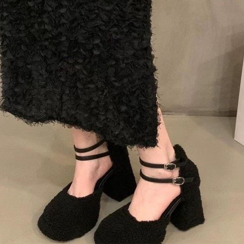 Fur High Heels Women Mary Jane Shoes Designer Chunky Woman Shoes  Elegant Autumn Sandals Pumps Dress Luxury Mujer