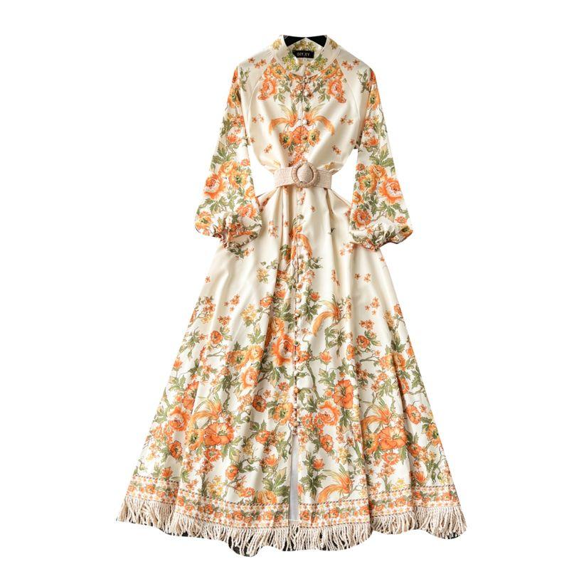 Palace Style Niche Style Print Long Puff Sleeve Dress