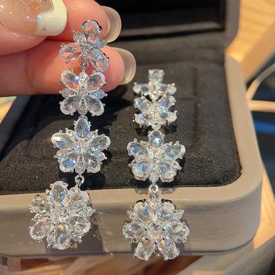 Gradual Change Color Zircon Crystal Earrings Holiday Style Temperament Flower Stud Earrings Long