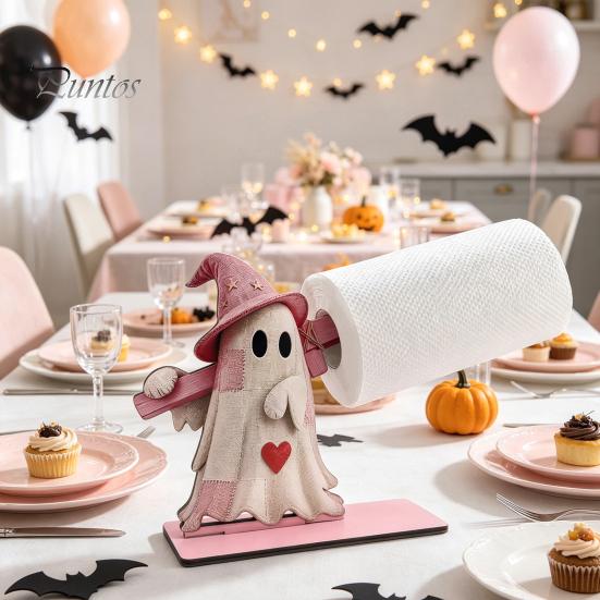 Festive Tabletop Ornament Halloween Wooden Paper Towel Holder, Cute Patchwork Ghost Napkin Stand, Party Supplies Rustic Roll Dispenser for Kitchen