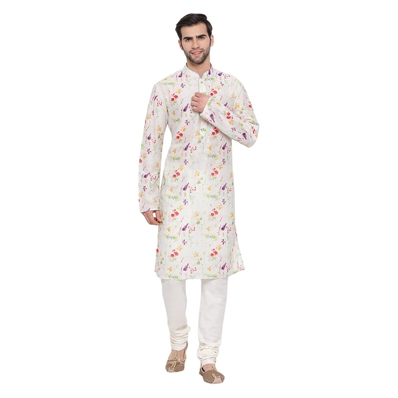 VASTRAMAY Men' Cotton Blend Kurta Pyjama Set | Perfect Spring Edit Floral Design Digitally Printed Kurta With Bli