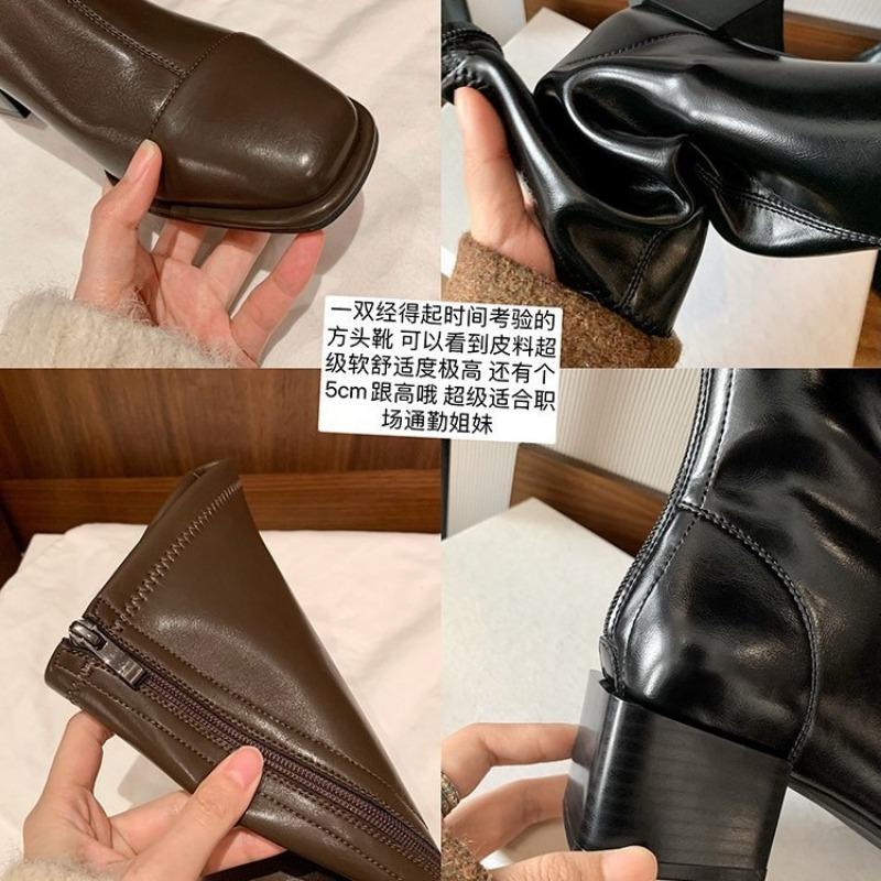 Cowhide~ Two versions of square head rear zipper thick heel elastic high boots women's thin short boots