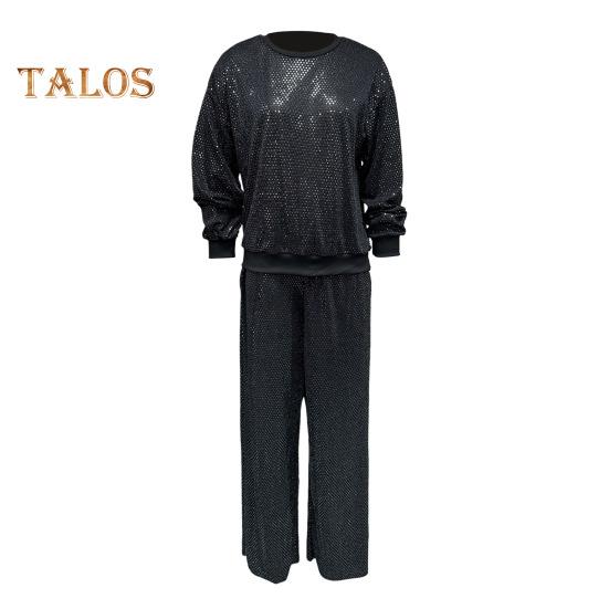2 Pcs/Set Women Top Pants Suit Sequin Round Neck Long Sleeves with Elastic Cuffs Elastic High Waist Wide Leg Trousers Set Daily Casual Commuting