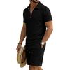 Men's Short Sleeve Polo Shirt and Shorts Set with Pockets Summer Casual Sportswear Lightweight Breathable Waffle Knit Fabric