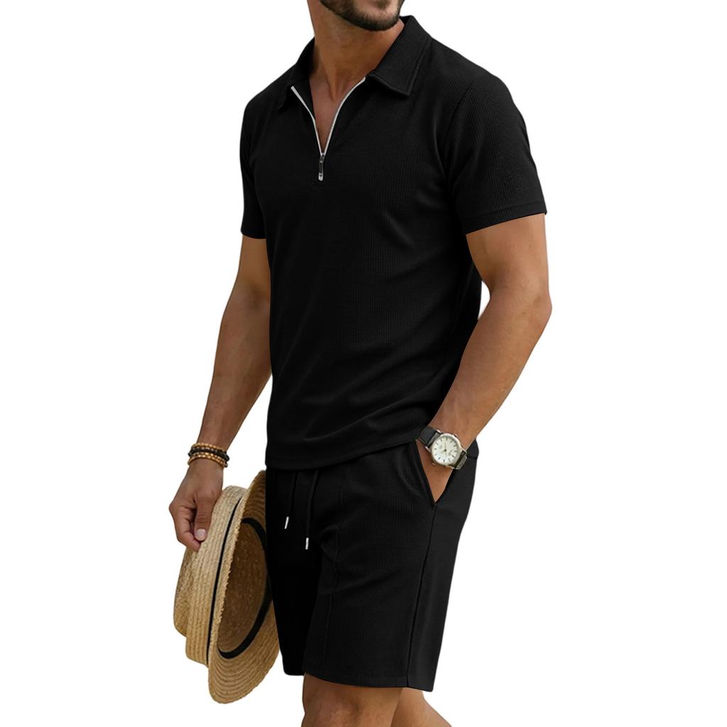 Men's Short Sleeve Polo Shirt and Shorts Set with Pockets Summer Casual Sportswear Lightweight Breathable Waffle Knit Fabric