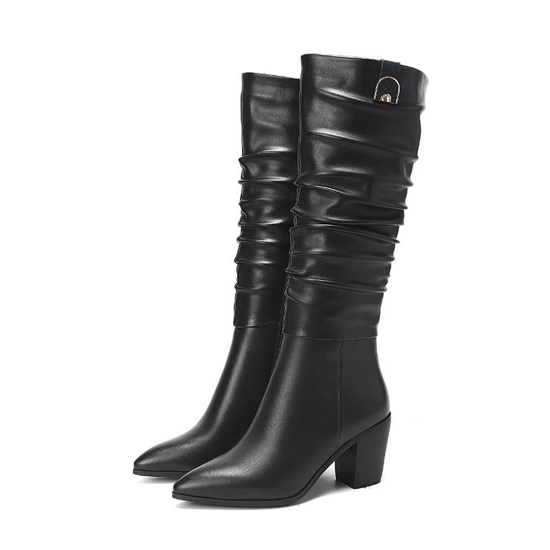 

Krazing Pot Осенне-зимние туфли из коровьей кожи на толстом высоком каблуке, большой размер 45, размер 44, острый нос, плиссированные украшения, женские теплые сапоги до середины голени 45 чёрный