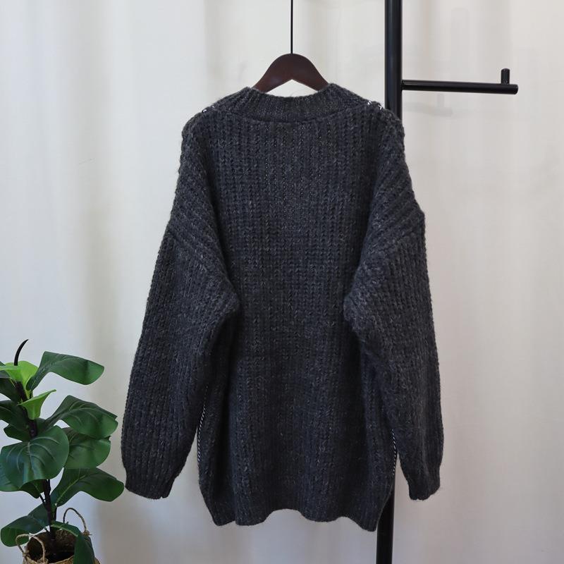 Splicing denim pocket knitted cardigan autumn and winter new loose lazy style temperament sweater jacket women