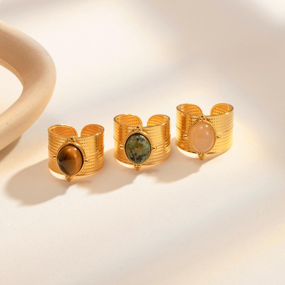 

Women s Retro Titanium Steel Ring with French Natural Stone and Tiger Eye Bead, 18k Gold, Non-Fading Jewelry.