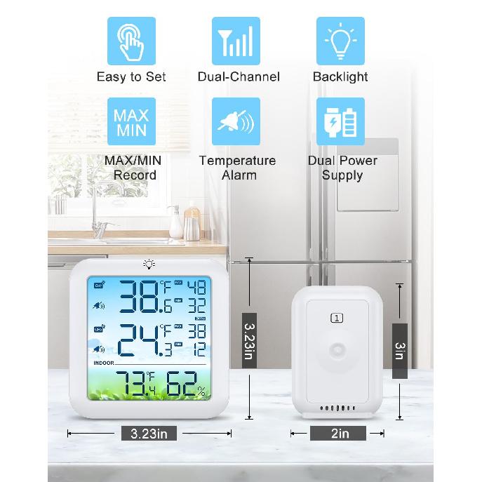 Беспроводной термометр для холодильника и морозильной камеры с сигнализацией, запись максимальной/минимальной температуры, цифровой термометр для холодильника, дальность действия до 328 футов, магнитный и