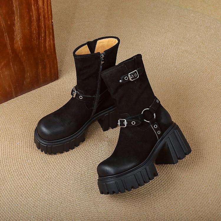 Frostet skinn retro polerte tykksålede Martin-støvletter for kvinner 2025 høst og vinter nye Maillard vanntette bord tykkhælede korte støvletter for w