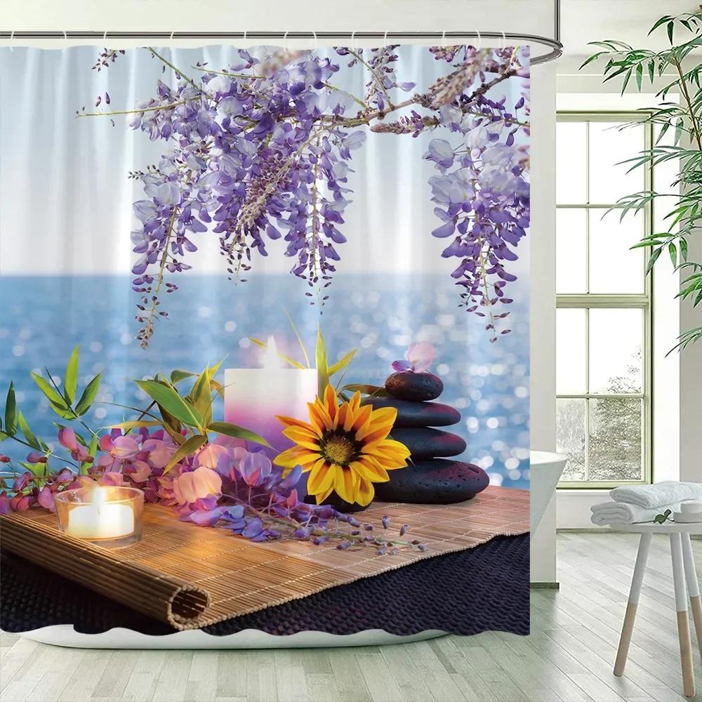 Zelené bambusové zenové sprchové závěsy, sada, lázeňské kameny a květy orchidejí polyesterová tkanina koupelnový závěs s háčky koupelnová dekorace