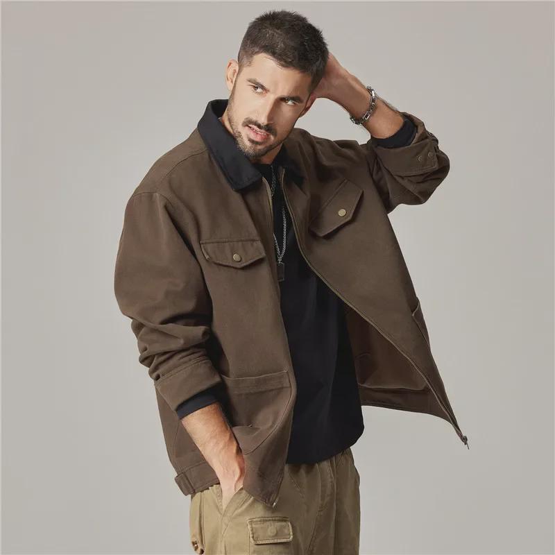 Men's Detroit Retro Coach Jacket: Heavy Washed Lapel Coat for Spring and Autumn