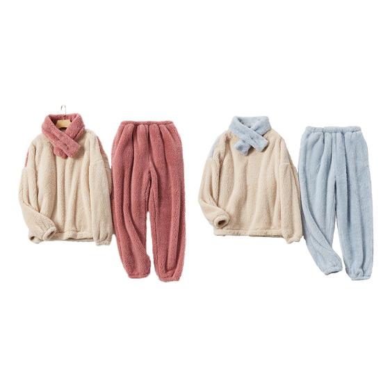 Fluffy Pajamas Set for Women Soft Fleece Pullover 2 Piece Pjs Loungewear with Scarf Winter Plush Warm Sleepwear Set
