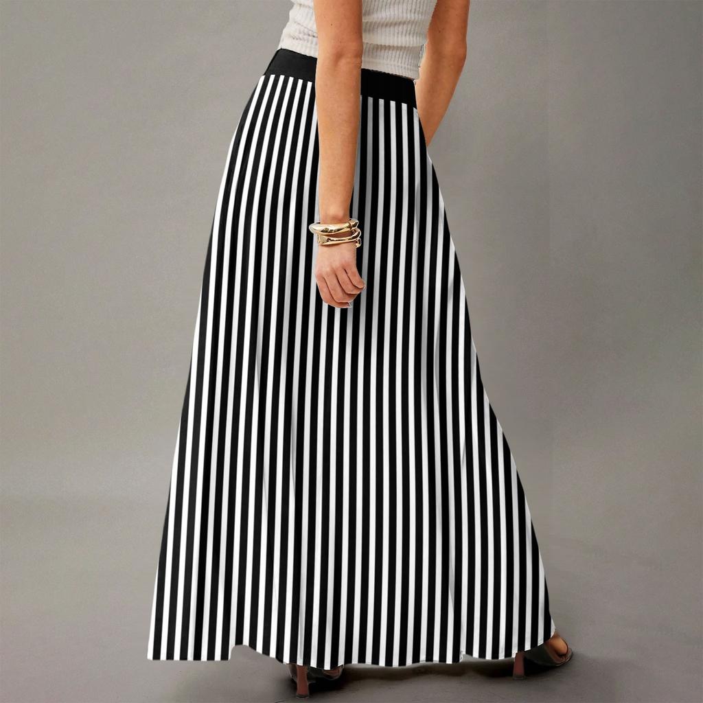 Women's Casual Leisure Foldable Striped Plaid Print High Waist With Pocket Draped  Relaxed Long Maxi Skirt