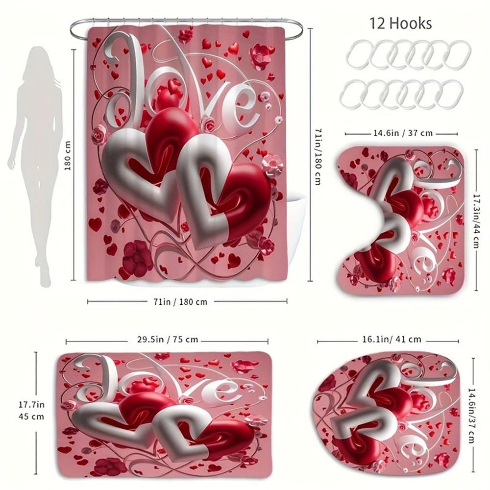 4pcs Red And White Heart Pattern, Valentine's Day Bathroom Set, Waterproof Barrier Shower Curtain, with 12 Hooks, Non Slip Bath