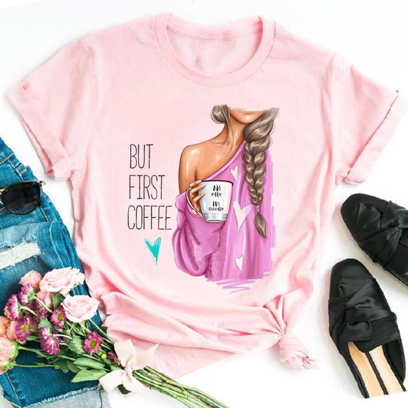 Summer Fashion Coffee Girl Urban Base Shirt Round Neck Pure Cotton Short Sleeved Women's T-Shirts Women’s