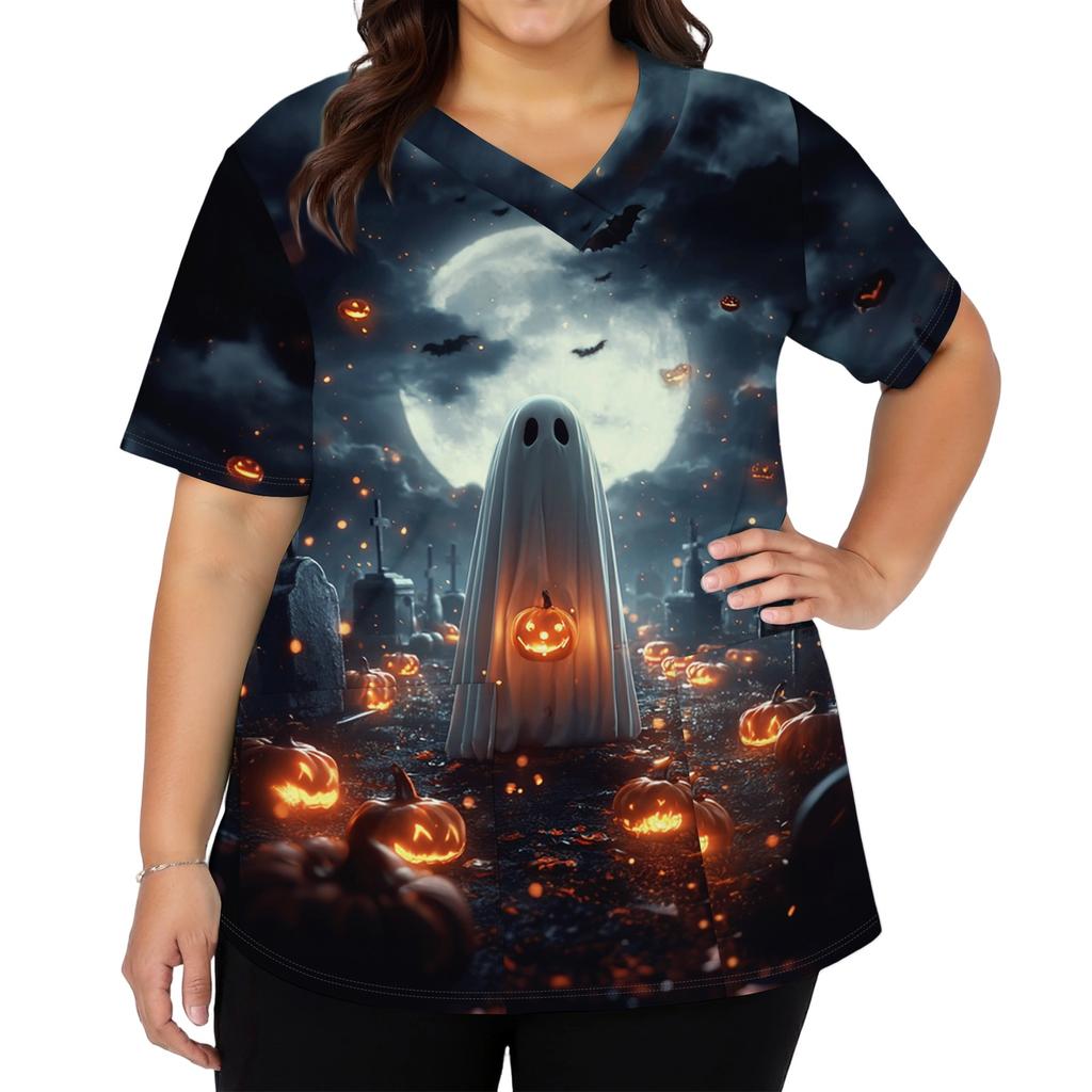 Women V Neck Short Sleeve Work Top with Side Slits and Pockets Halloween Pumpkin Print Shirt Suitable for Professional Use and Casual Wear