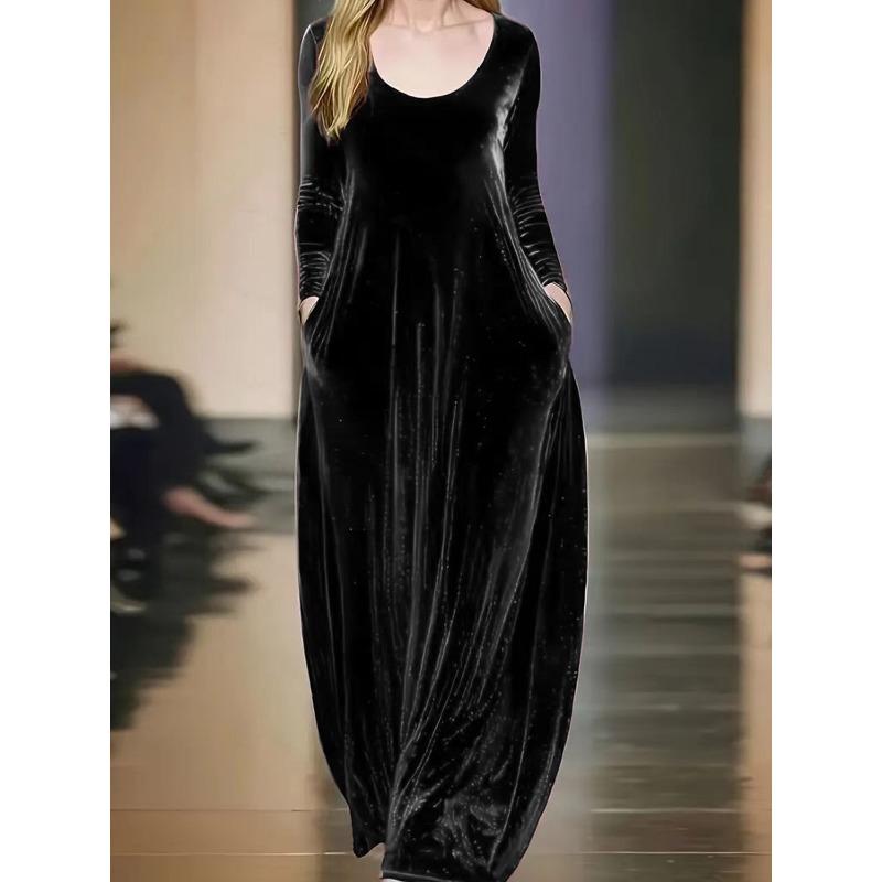 IHUASU Fashion Autumn Winter Solid Color Print Long Sleeve O-Neck Casual Dresses