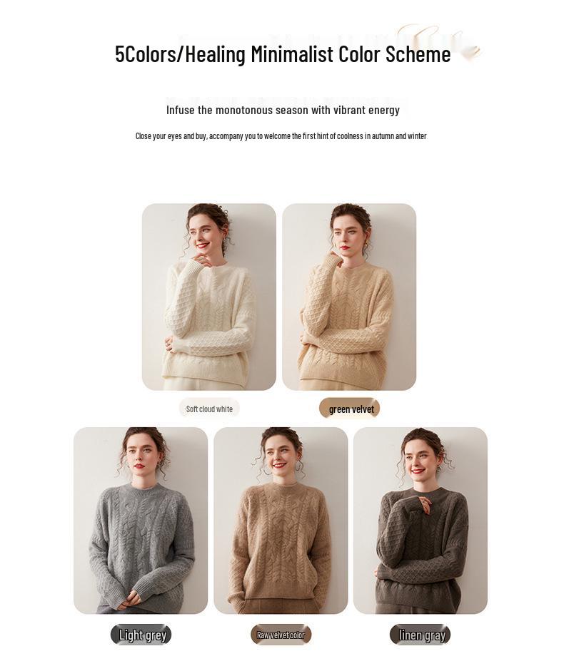 Women's Super Thick Cashmere Sweater: Round Neck, Soft, Fluffy, Loose Fit, Versatile Cable Knit for Autumn/Winter.