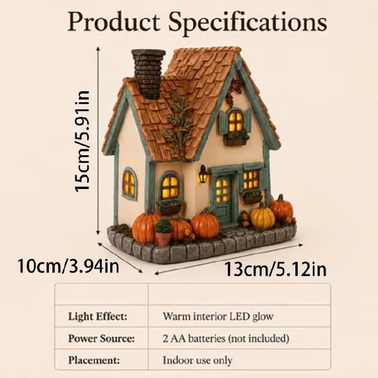 Indoor Resin Harvest House Statue with Warm Window Lighting for Halloween Shelf Styling and Seasonal Fall Scenes