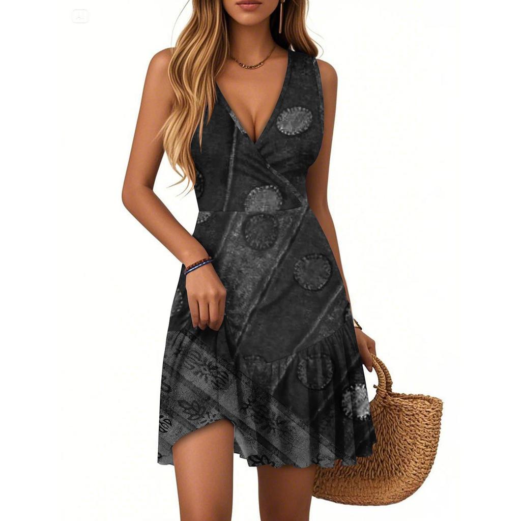 Women's Summer Dress V Neck Sleeveless Casual Textured Print Hem Pleated Dress
