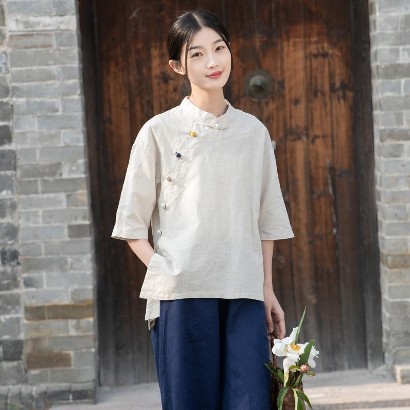 Women Vintage Shirts Stand Short Sleeve Spring Chinese Style Button Loose Blouses Shirt