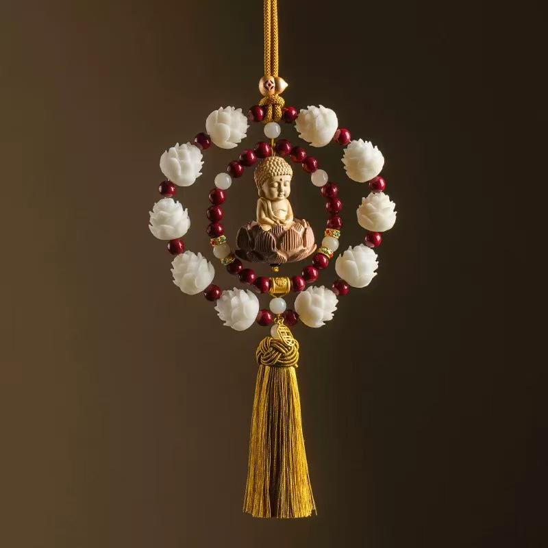 Lotus Boxwood Bead Buddha Pendant: Premium Rearview Mirror Car Interior Ornament