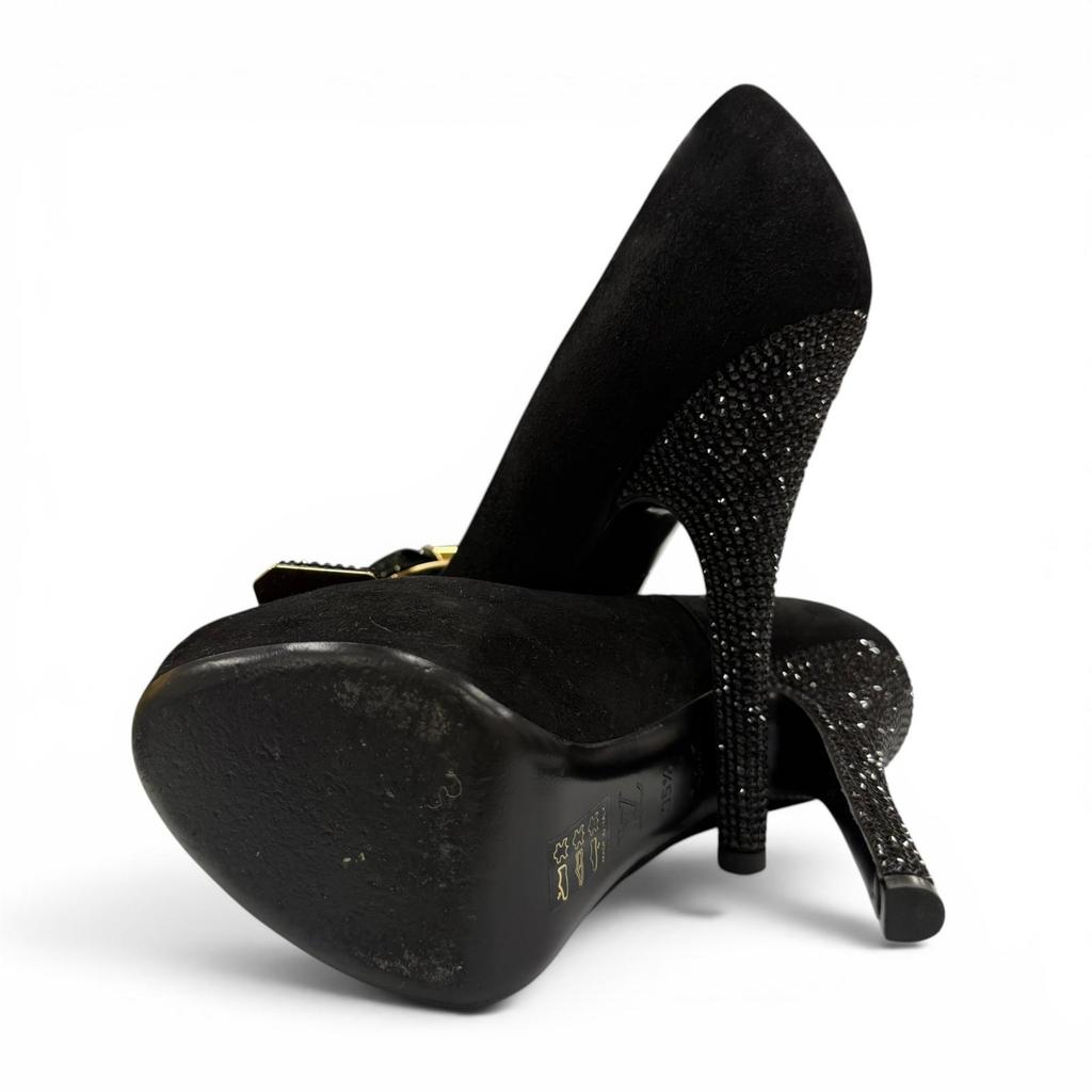 Great LOUIS VUITTON pumps LV Metal Ribbon Rhinestone Suede Leather black 35.5 Used