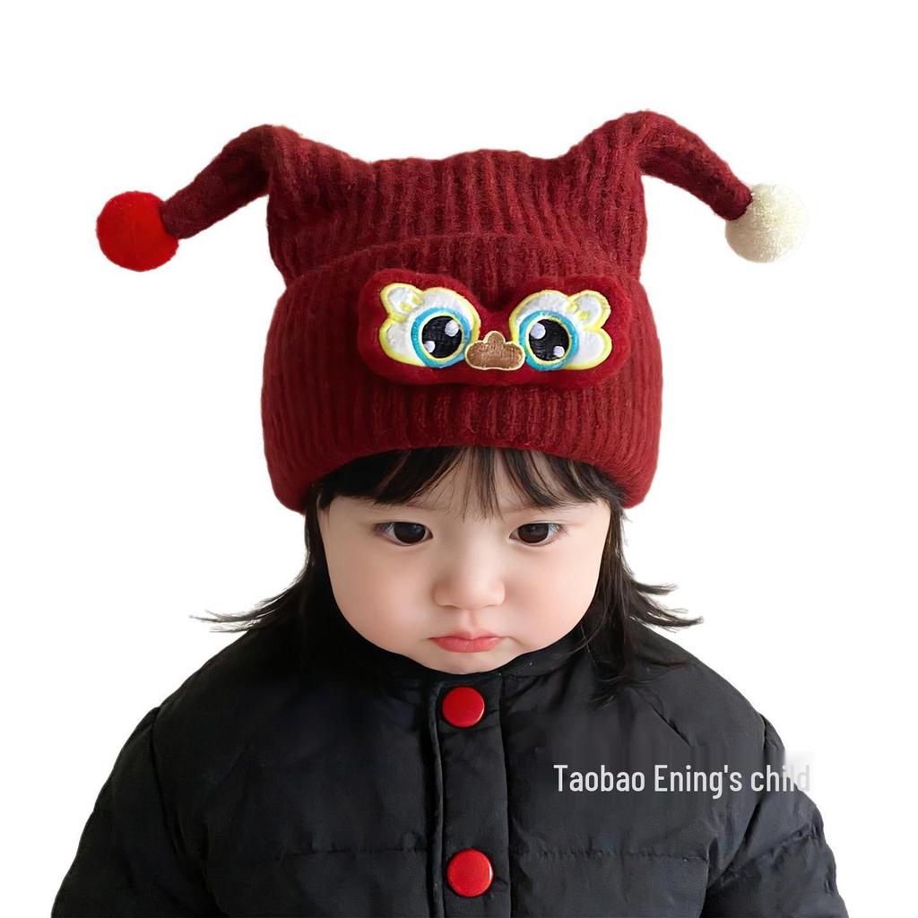 Children's Red Elf Knit Hat with Ear Protection for Autumn/Winter - Cute Pom-Pom Design for Boys and Girls