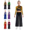 Modern Dance Crop Top with Chiffon Overlay Wide-Leg Side Slit Pants for Girls Kids Lyrical Ballet Dancer Performance Outfits