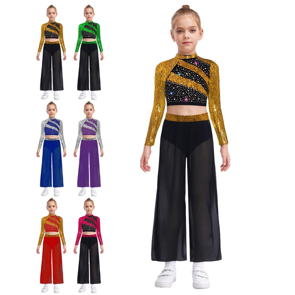 Kids Girls Dance Costume Two-Piece Set Mock Neck Long-Sleeved Sequins Cutout Back Press Button Crop Top with Flowing Chiffon Overlay Wide-Leg Side Sli
