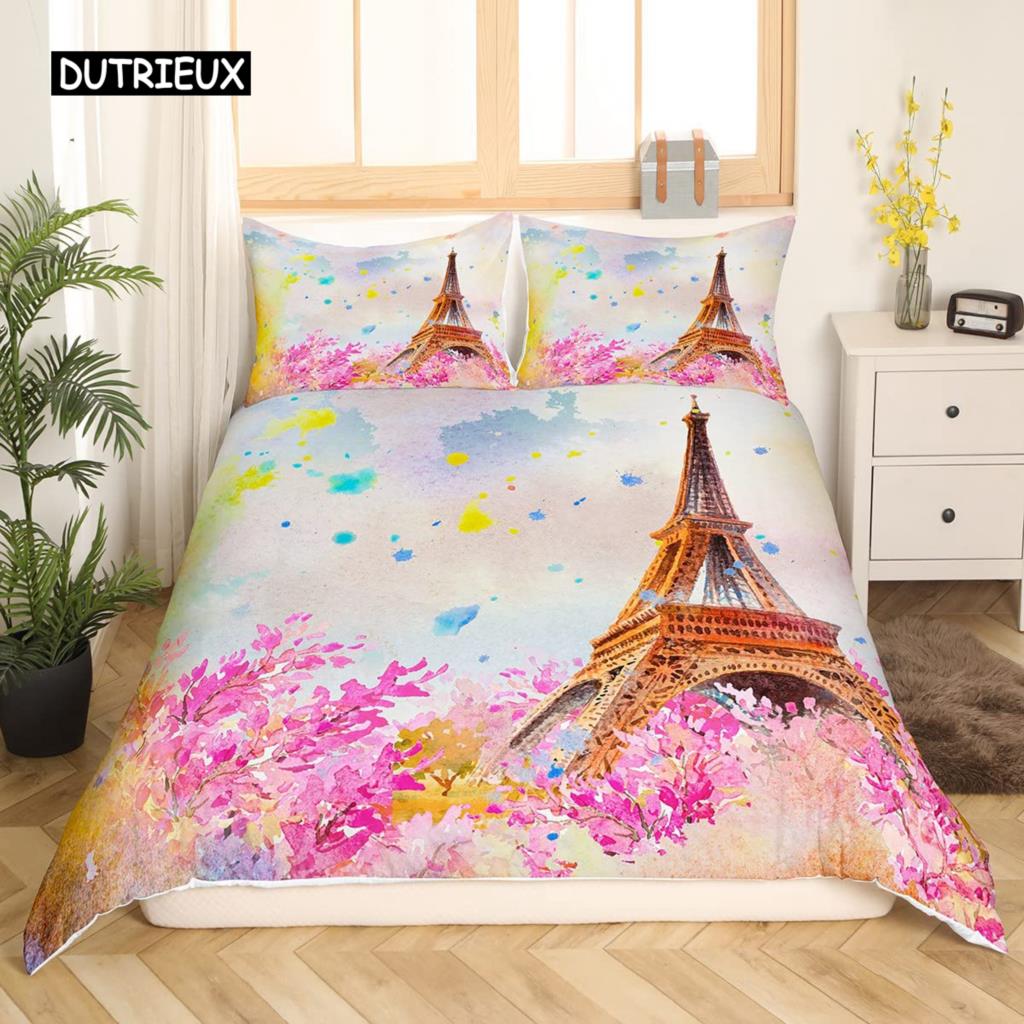 Valentine Day King Queen Duvet Cover Paris Eiffel Tower Bedding Set Pink Watercolor Tulips Flowers Balloon Polyester Quilt Cover