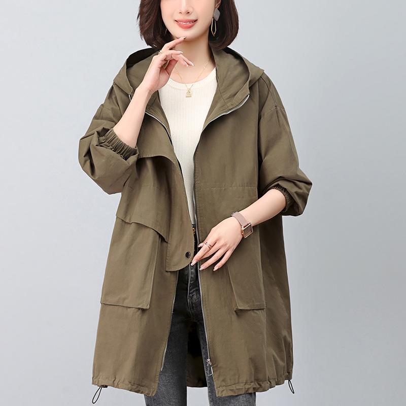 2024 Plus-Size Mid-Length Hooded Trench Coat for Women: Loose, Casual, and Fashionable Spring/Autumn Style Outerwear for Moms.