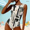 Women Plus Size Geometric Printed High Round Neck Sleeveless One Piece Swimsuit