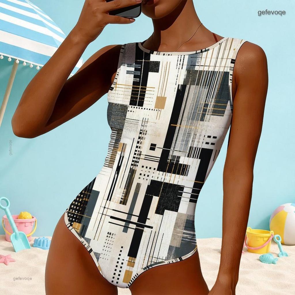 Women Plus Size Geometric Printed High Round Neck Sleeveless One Piece Swimsuit