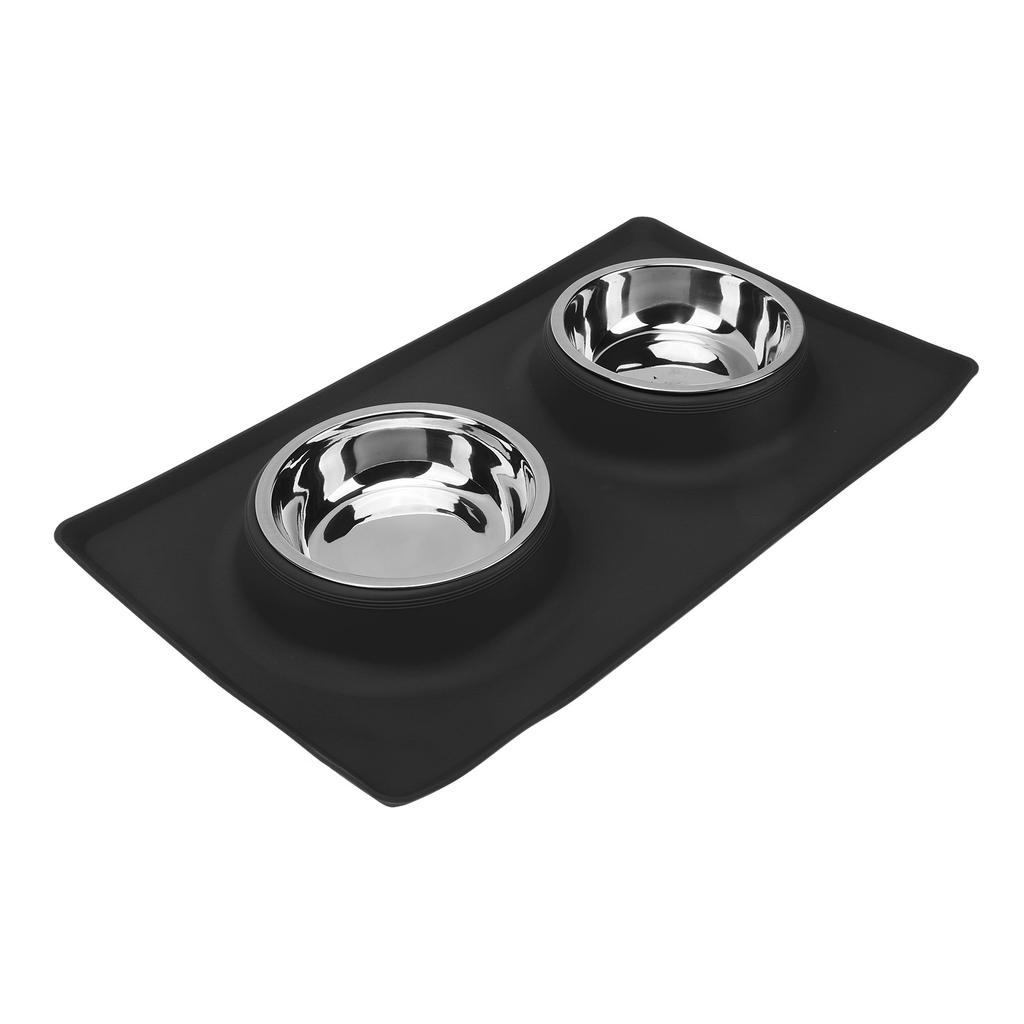 Pet Bowl Silicone AntiSlip Foldable Water Dish Feeding Dual Bowl for Small Medium Dogs Cats(Black )