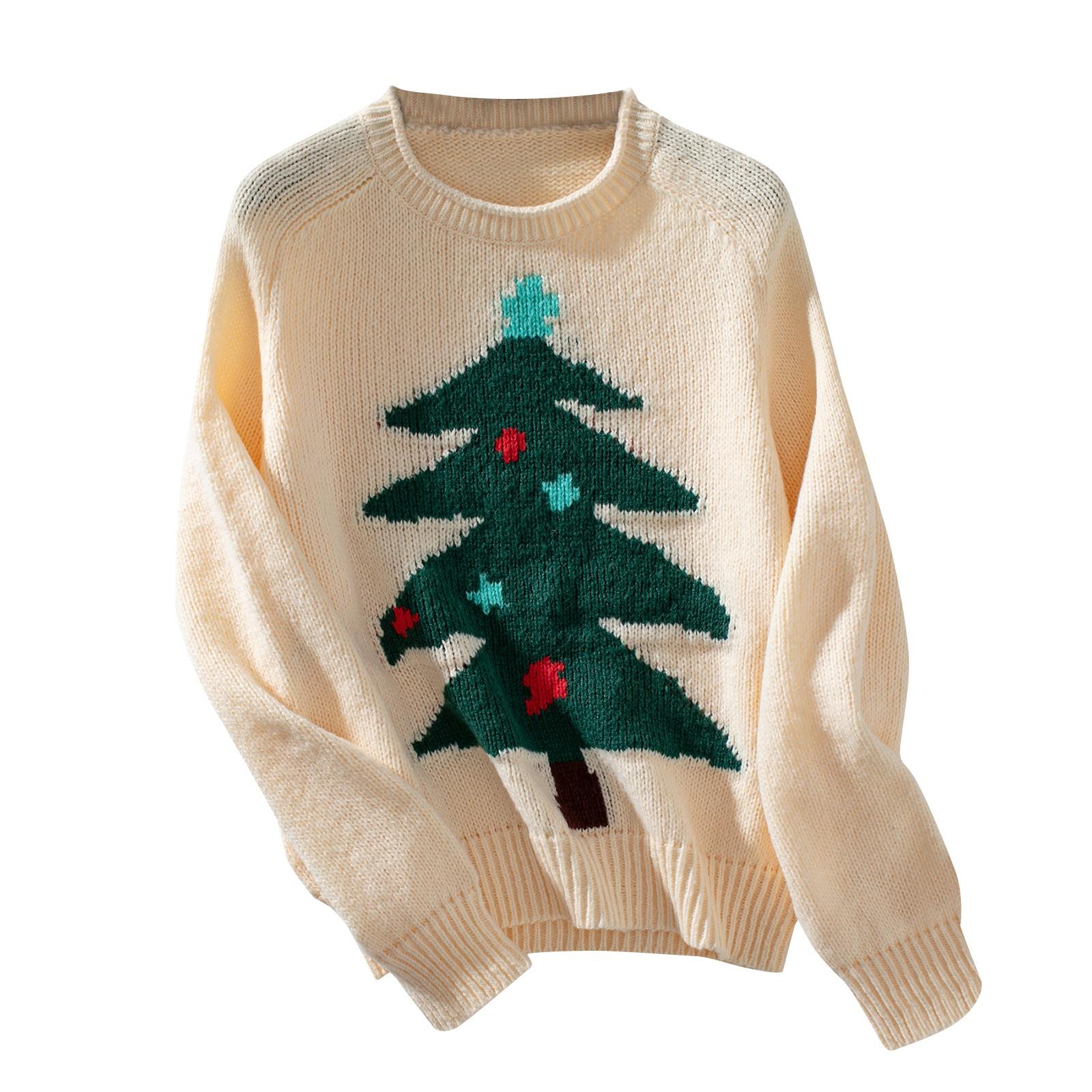 

Женский свитер-свитер с рождественской елкой, осенне-зимний, с круглым вырезом, свободный крой XL бежевый
