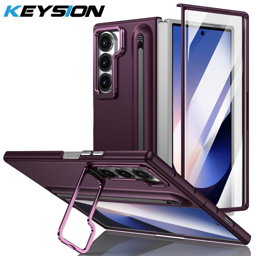 KEYSION with Touch Pen Case for Samsung Galaxy Z Fold 6 5 5G Hard PC Kickstand Phone Cover With Tempered Glass Screen Protector