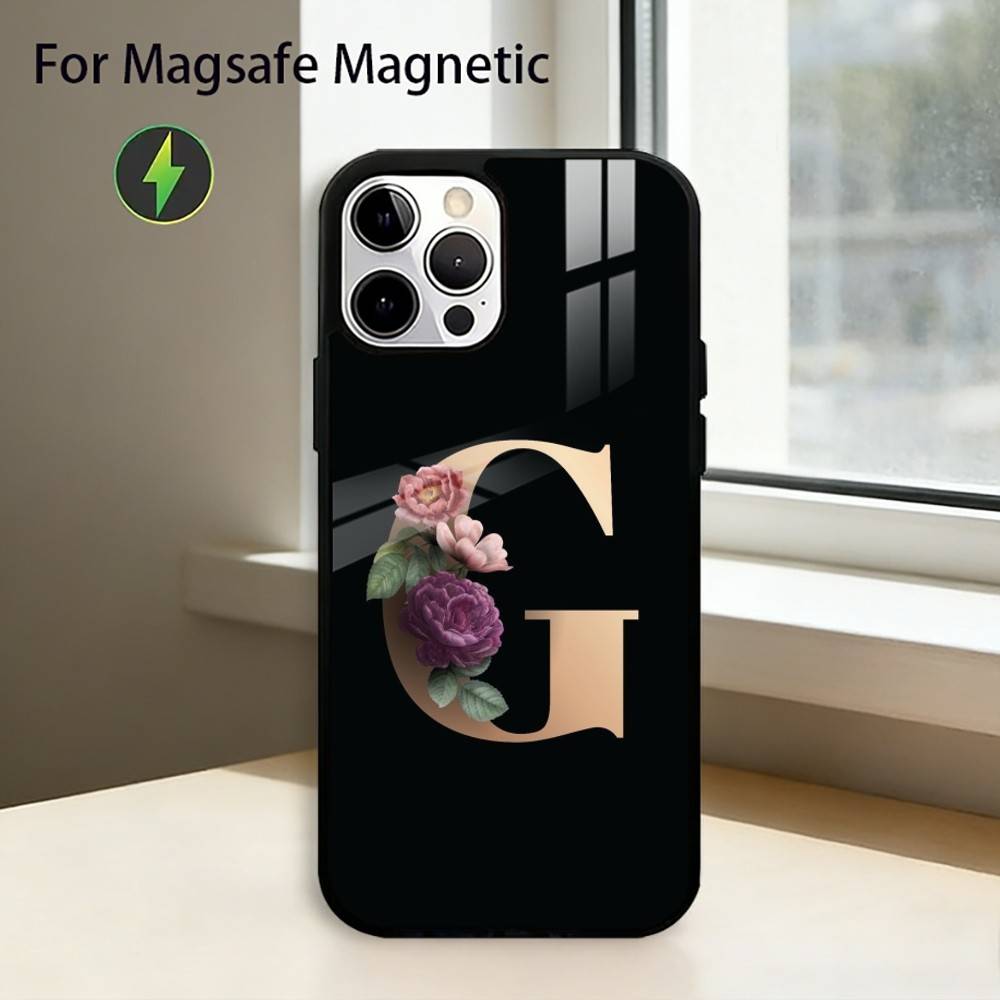 Flowers Initial L-Letter Phone Case For iPhone17,16,15,14,13,12,11 Plus,Pro Magnetic For Magsafe Wireless Charging
