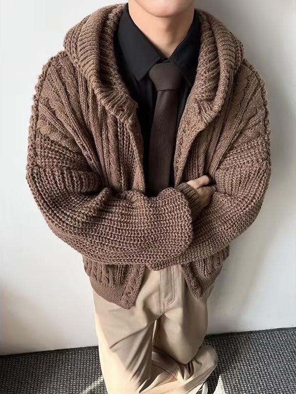 Men's Retro Chunky Knit Cardigan: Versatile Japanese Jacquard Sweater with Big Pockets.