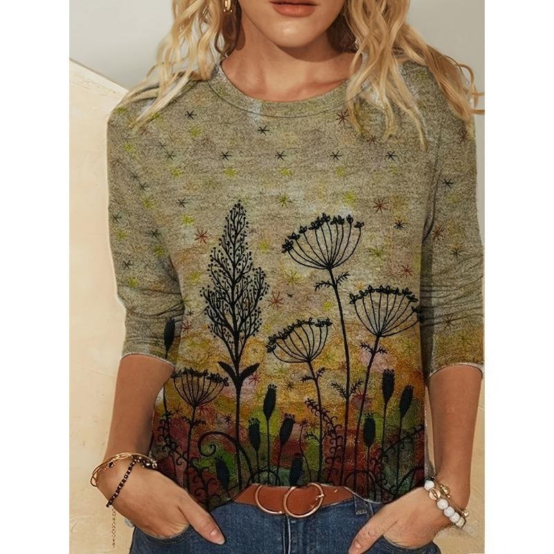 Spring and Autumn Round Neck 3D Flower Pattern Printed Top Fashionable Casual Elegant Long Sleeved Women's T-shirts