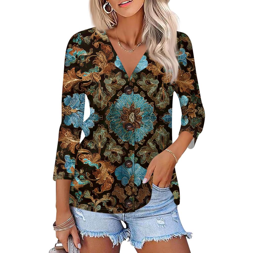 Dámská módní ležérní košile s potiskem na knoflíky, 3/4 dlouhý rukáv