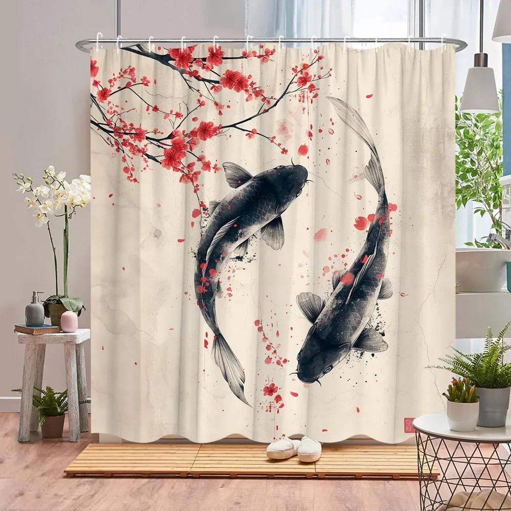 Koi Shower Curtain Asian Landscape Cherry Blossom Plant Pond Lotus Leaf Ink Painting Art Polyester Fabric Bathroom Decor Curtain